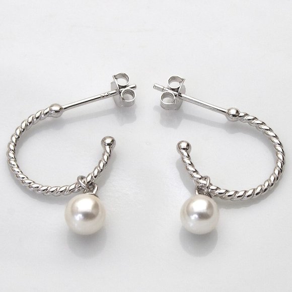 Pearl Stud Earrings, 925 Silver C Shape Earring Studs, Bridal Wedding Earrings - Picture 1 of 6
